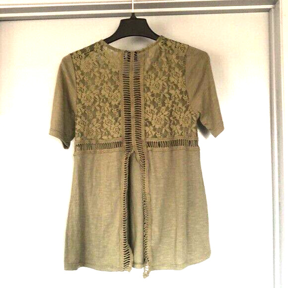 Cruel Denim Womens Size Small Top Olive Green Lace Inserts Split Back - Picture 2 of 6